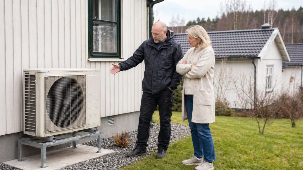 Husägare och tekniker går igenom en äldre värmepump utomhus inför bedömning av byte eller fortsatt drift.