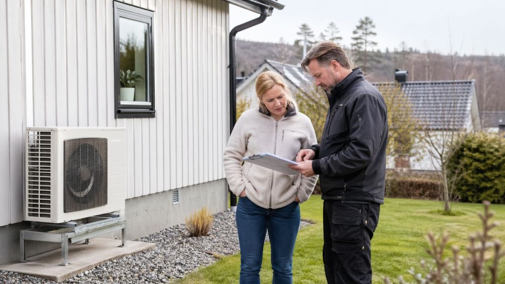 Husägare och installatör går igenom placering och förutsättningar inför installation av värmepump.